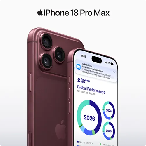 Front and back of burgundy iPhone 18 Pro Max device. Screen on forward facing device shows notifications and business analytics.