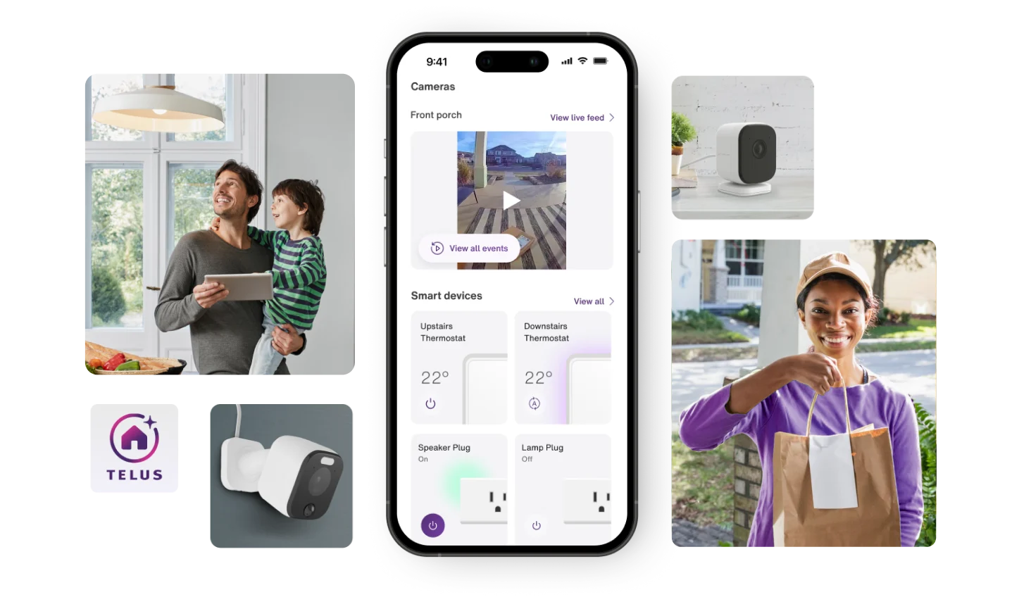 A Smartphone displaying SmartHome+ app surrounded by smart home features including security cameras, lighting controls, and live video feeds.