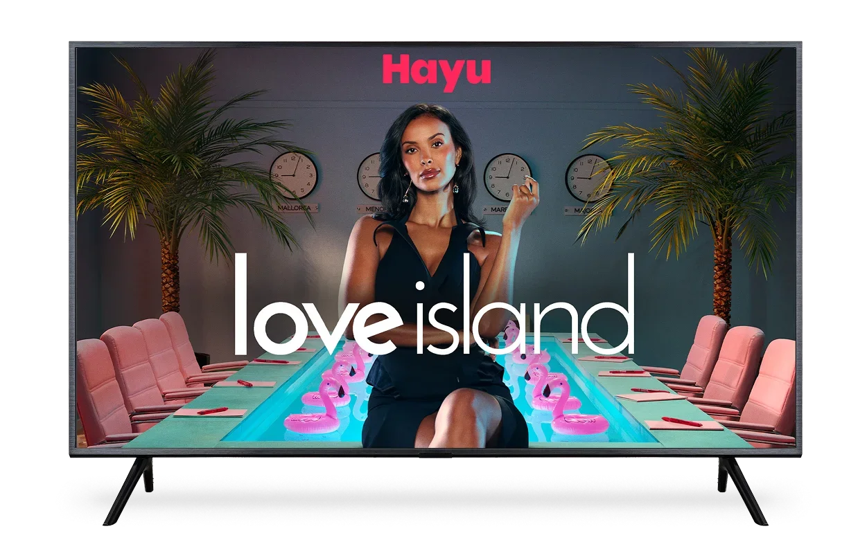 A TV screen displaying the poster for Love Island on Hayu.