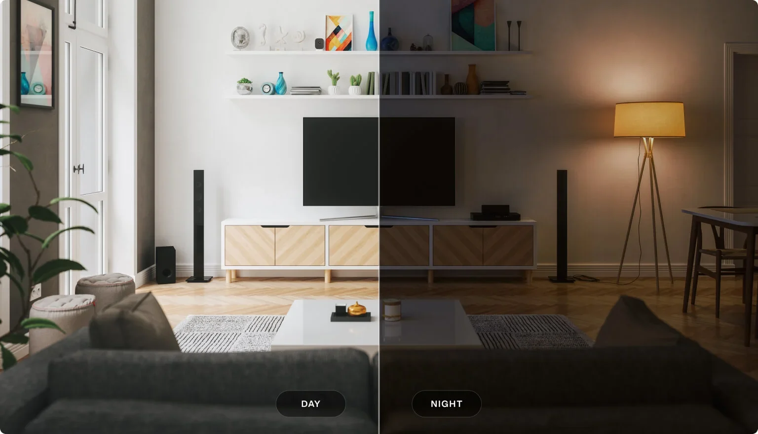 A living room is seen at day and night with the TELUS Indoor Camera.