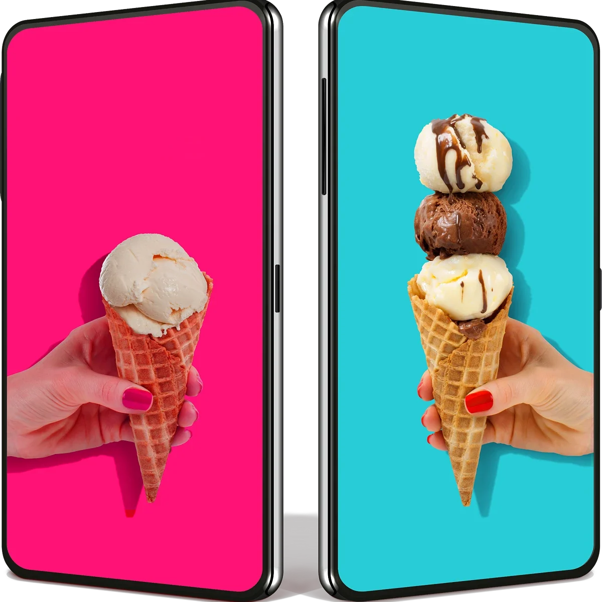 Two mobile phones show ice cream cones, one with a single scoop, the other with a triple scoop.