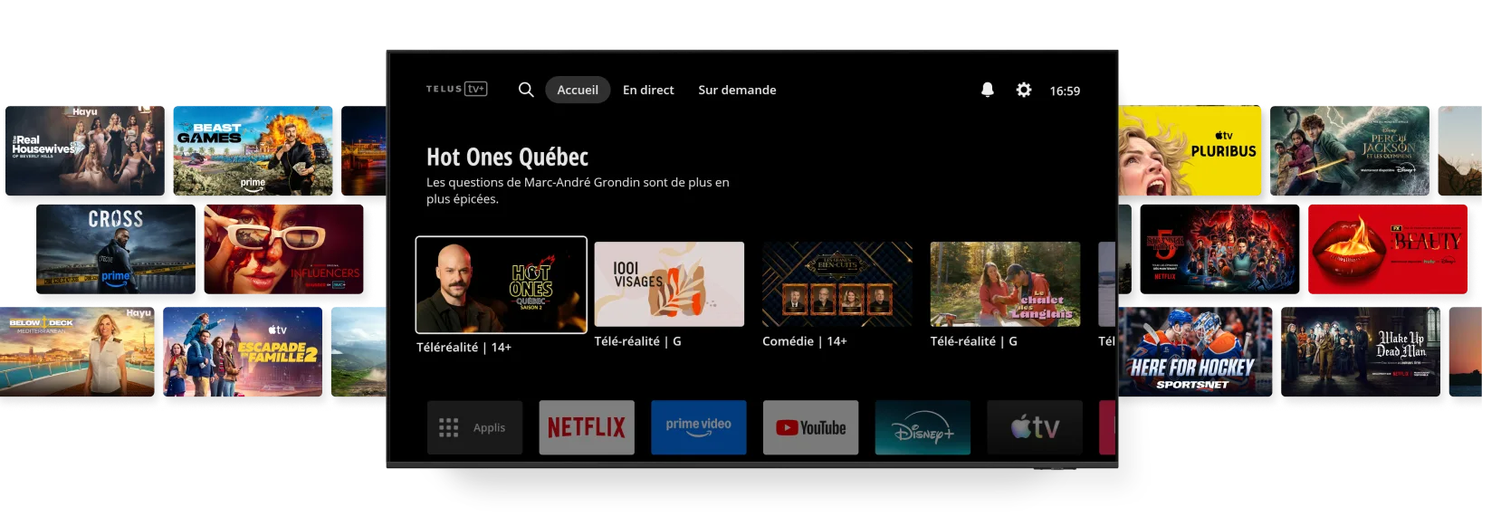 Interface de TELUS TV+ affichant des émissions de télévision, des films et des icônes d’applications de diffusion en continu, y compris Netflix, Disney+, Prime Video et Apple TV.