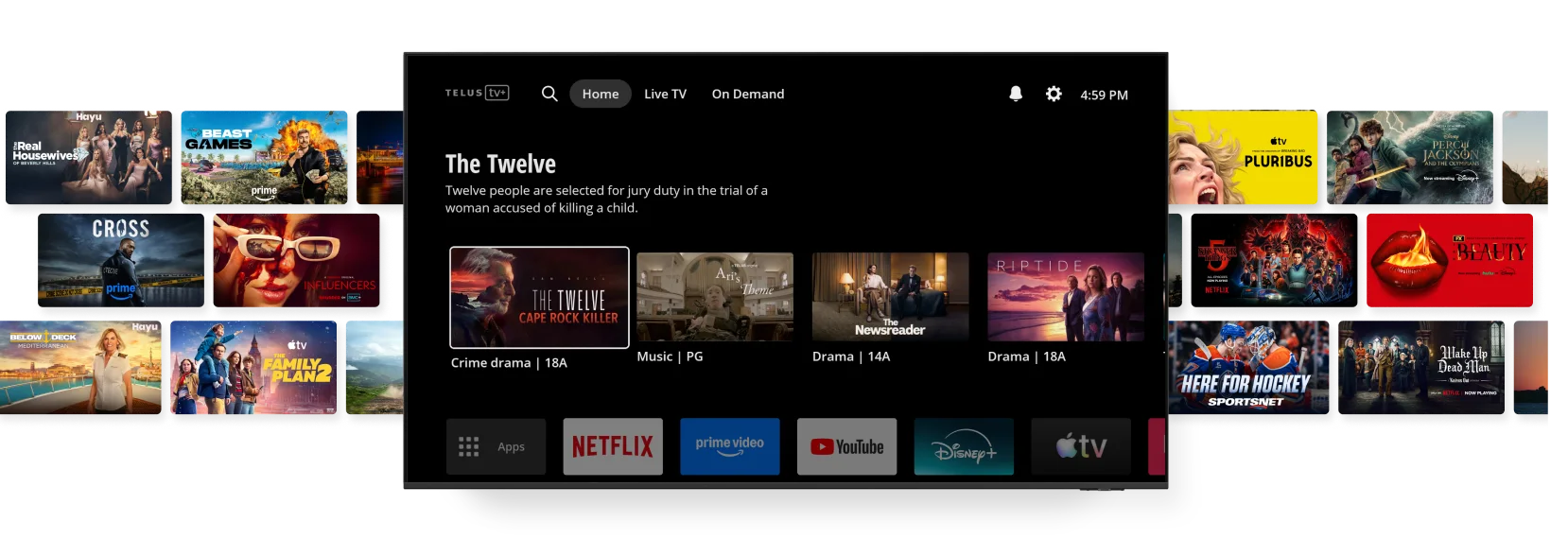 TELUS TV+ interface showing TV shows, movies, and streaming app icons including Netflix, Disney+, Prime Video, and Apple TV.