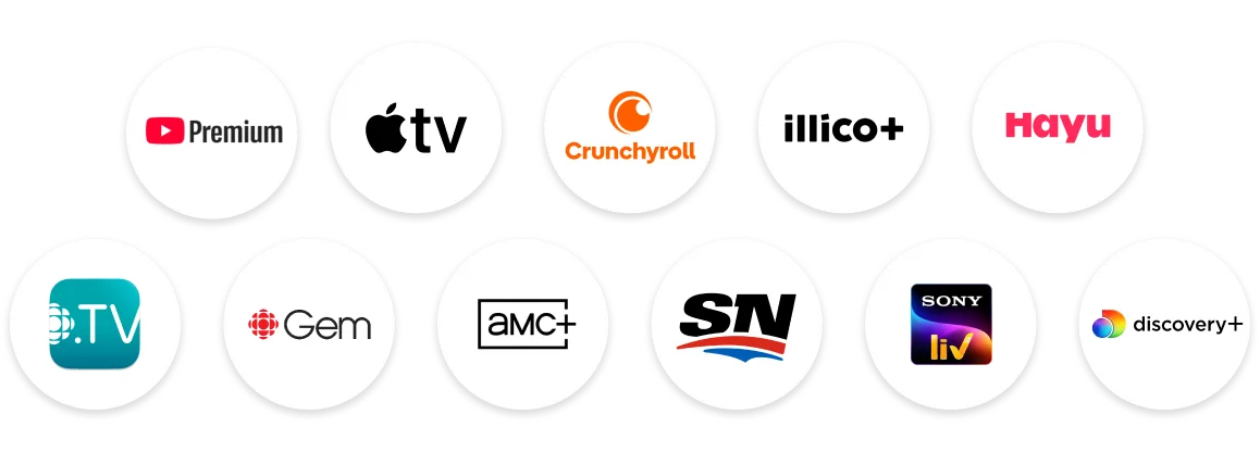Logos de Youtube Premium, Apple TV, Crunchyroll, illico+, Hayu, ICI TOU TV, CBC Gem Premium, AMC+, Sportsnet, Sony LIV et discovery+.