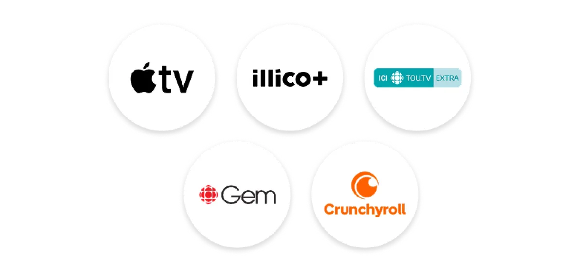 Five circular icons featuring logos for Apple TV+, illico+, ICI TOU.TV EXTRA, CBC Gem, and Crunchyroll.