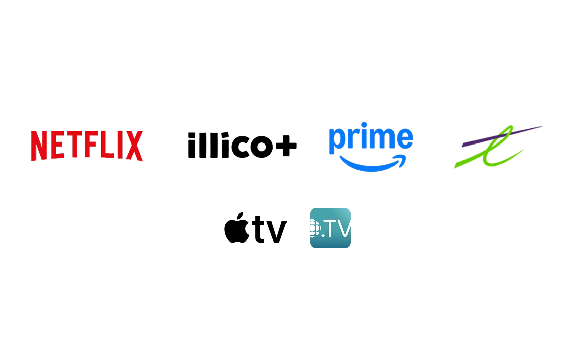 Collection of streaming service logos including Netflix, illico+, Prime Video, TELUS originals, Apple TV and ICI TOU.TV.