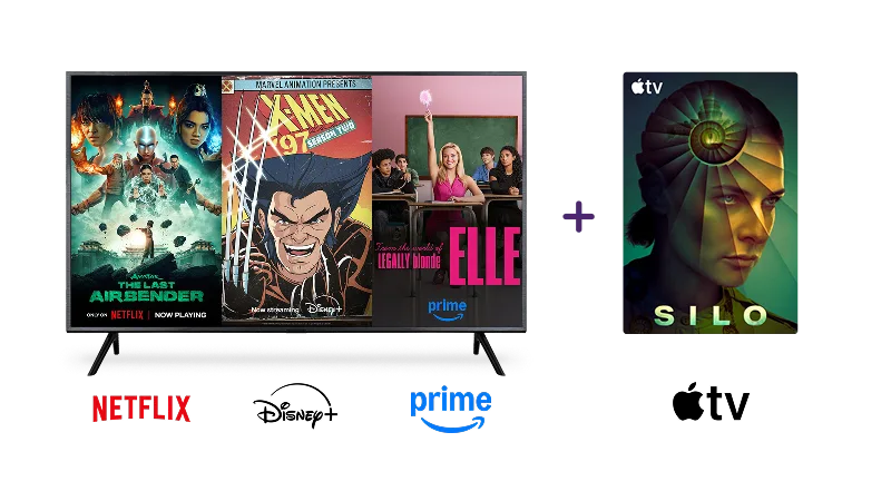 A TV screen shows Avatar: The Last Airbender, X-Men '97, and Legally Blonde, next to Silo on Apple TV.