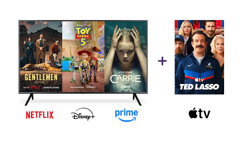 A TV displaying Netflix, Disney+, and Prime Video shows next to a plus sign and an Apple TV banner for Ted Lasso.