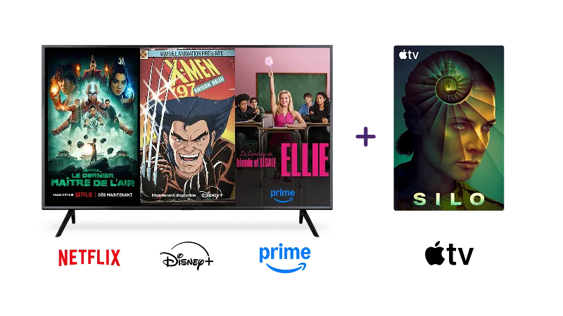 Un écran de téléviseur montre Avatar : Le Dernier Maître de l'Air, X-Men '97 et La Revanche d'une Blonde, à côté de Silo sur Apple TV.
