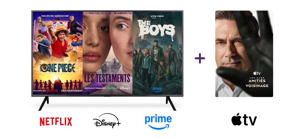 Quatre affiches : One Piece, Les Testaments, They Boys, et Amities et Voisinage. En dessous, il y a les logos de Netflix, Disney+, Amazon Prime et Apple TV.