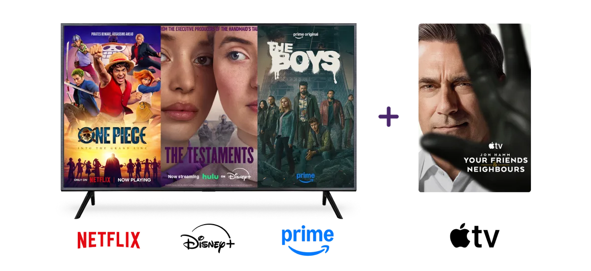 Four posters: One Piece, The Testaments, They Boys, and Your Friends & Neighbours. Below the posters are the logos of Netflix, Disney+, Amazon Prime and Apple TV.