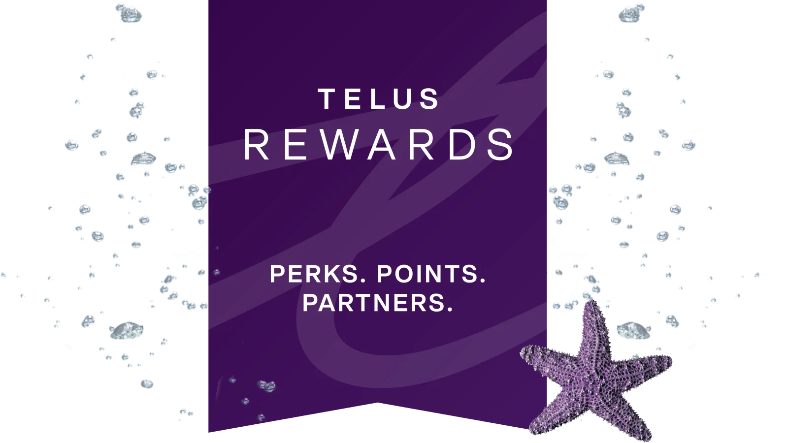 The top half of a smartphone displaying Skip+, WestJet, and TURO brand logos on a purple TELUS Rewards branded background.
