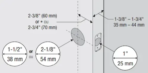 Door measurement specifications diagram showing installation requirements including door thickness, deadbolt hole depth, and distance measurements 