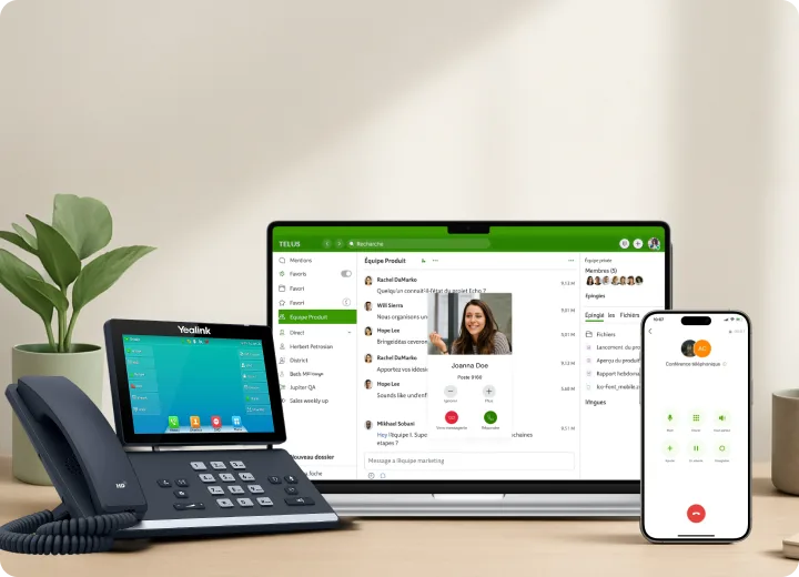 Ligne fixe, ordinateur portable et téléphone synchronisés grâce à Connexion Affaires de TELUS.