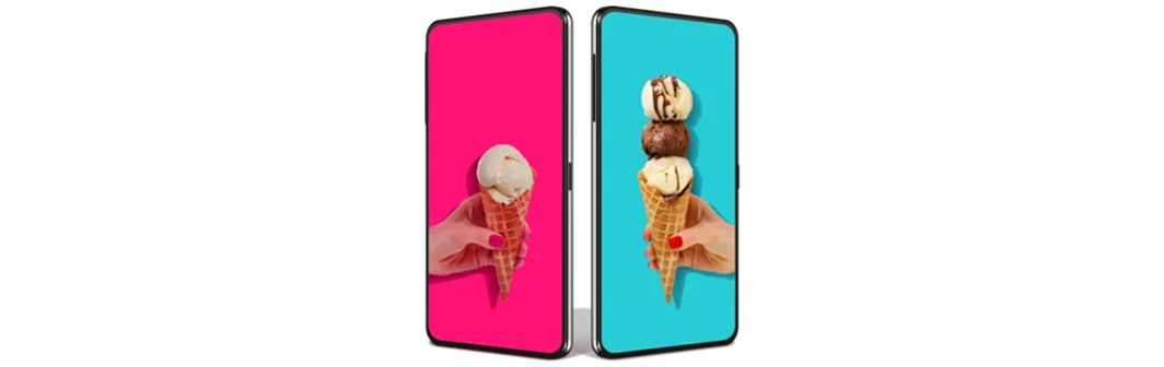 Two mobile phones show ice cream cones, one with a single scoop, the other with a triple scoop.