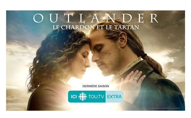 A promotional poster for 'Outlander - Le Chardon et le Tartan' available on ICI TOU.TV EXTRA.