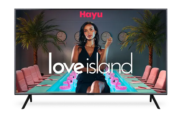 A TV displaying the 'Love Island' poster. The logo for Hayu is visible at the top center.