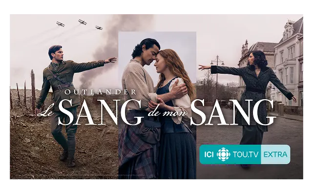 A collage of characters from "OUTLANDER Le SANG de mon SANG" on ICI TOU.TV EXTRA, featuring a soldier, a couple, and a woman.