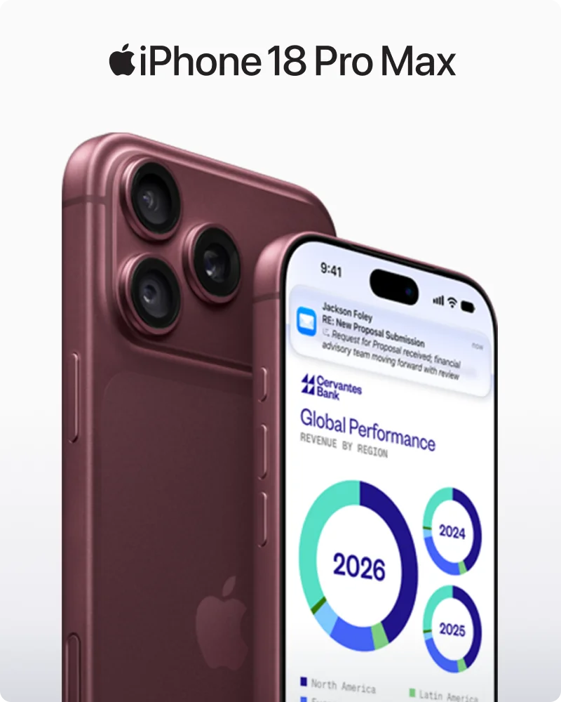 Front and back of burgundy iPhone 18 Pro Max device. Screen on forward facing device shows notifications and business analytics.