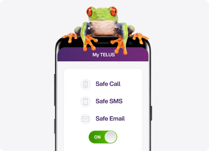 A red-eyed tree frog perched on a TELUS smartphone displaying built-in scam protection.