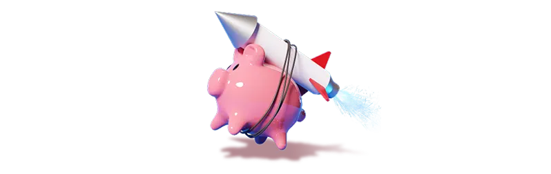 A piggy bank with a rocket on its back