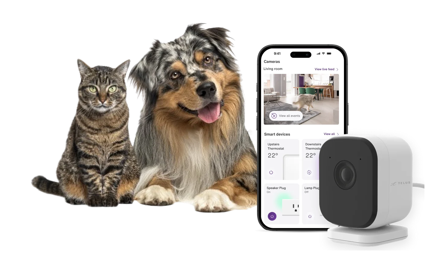 A smartphone, a security camera, and a cat and dog sitting next to each other.