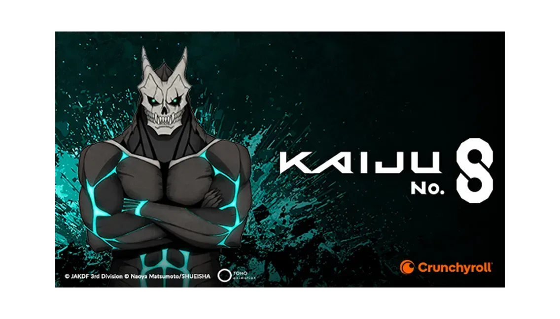 A TV displaying the poster for ‘Kaiju No. 8’ with the Crunchyroll logo on the bottom right.