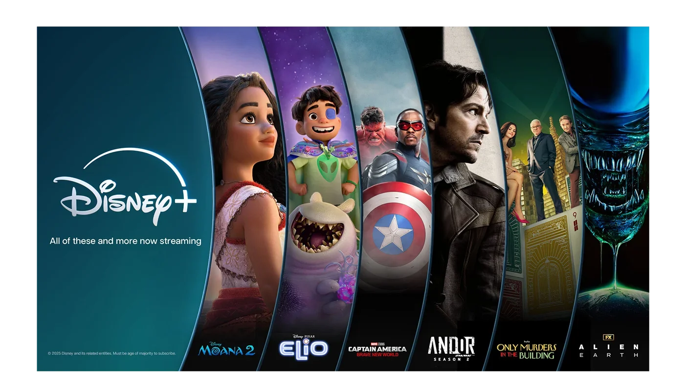 A TV screen displaying the Disney+ logo with various popular content posters.
