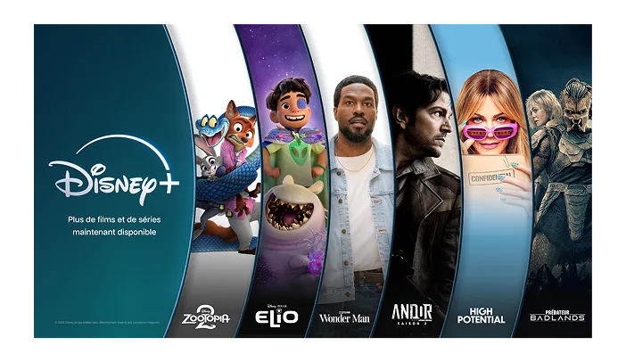Une affiche Disney+ présentant « Zootopia 2 », « Elio », « Wonder Man », « Andor saison 2 », « High Potential » et « Prédateur : Badlands ».