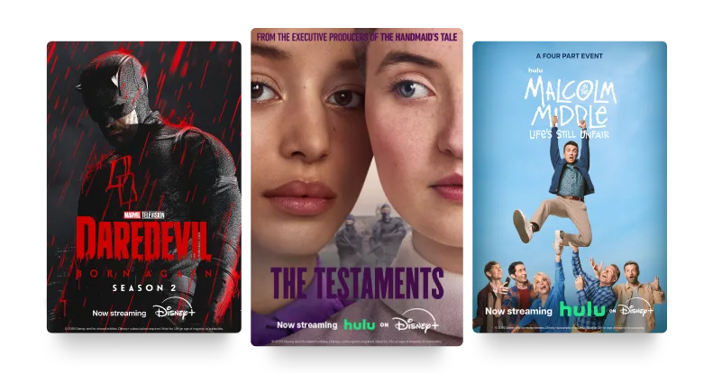 Three posters: ‘Daredevil - Born Again’, ‘The Testaments’ and ‘Malcolm in the Middle: Life’s Still Unfair’ with the Disney+ and Hulu logos.
