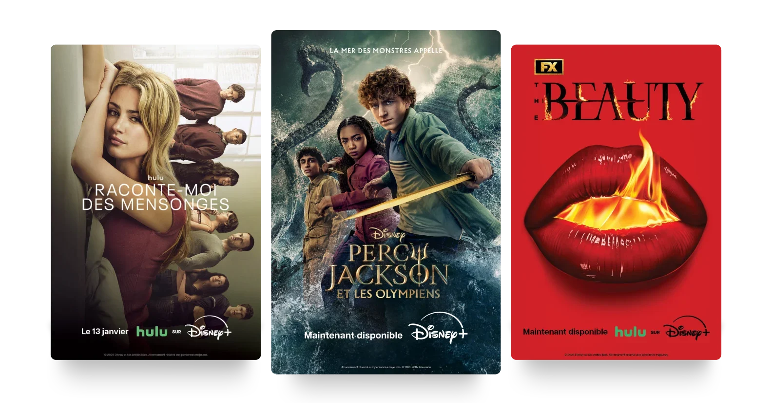 Trois affiches : Raconte-moi des mensonges, Percy Jackson et les Olympiens, et The Beauty.