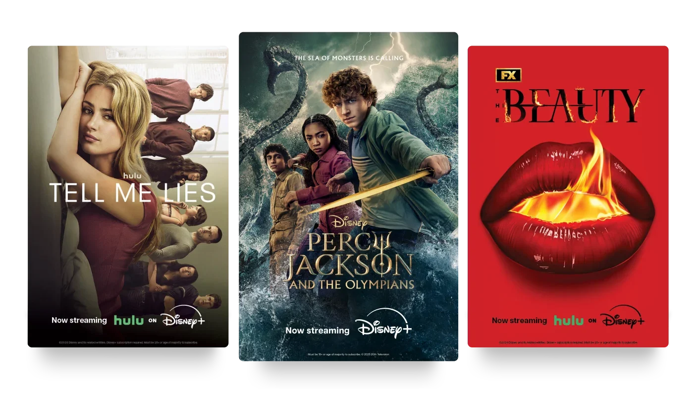 Three posters: Tell Me Lies, Percy Jackson and The Olympians, and The Beauty.