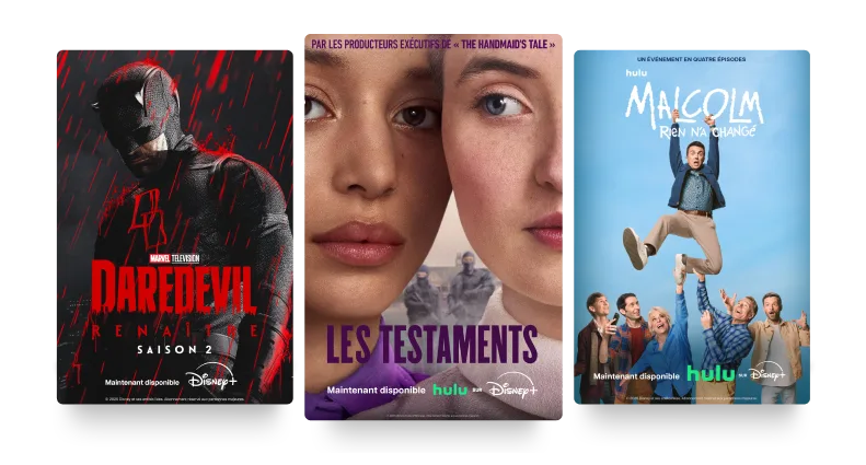 Trois affiches : « Daredevil - Born Again », « Les Testaments » et « Malcolm : Rien n'a changé », avec les logos Disney+ et Hulu.