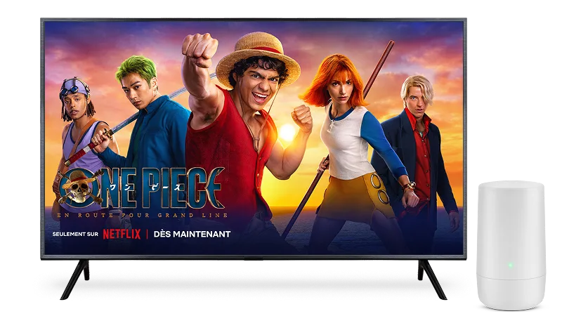 Un téléviseur diffusant le film One Piece en prises de vues réelles sur Netflix.
