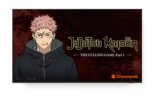 A TV displaying the poster for ‘Jujutsu Kaisen’ with the Crunchyroll logo on the bottom right.