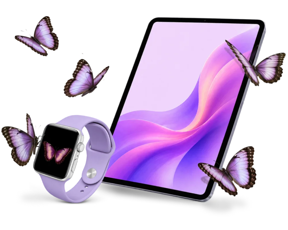  Butterflies flutter towards a tablet and smartwatch.