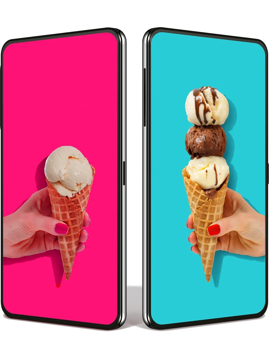 Two mobile phones show ice cream cones, one with a single scoop, the other with a triple scoop.