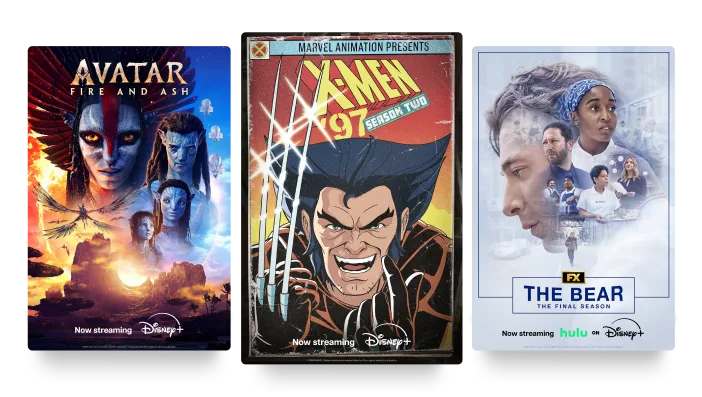 Three posters: ‘Avatar: Fire and Ash’, ‘X-Men '97 Season Two’ and ‘The Bear: The Final Season’ with the Disney+ and Hulu logos.