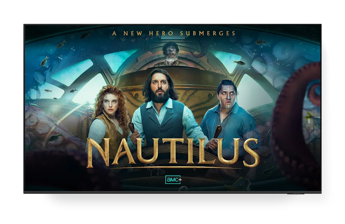 A TV screen displaying the poster for Nautilus on AMC+.