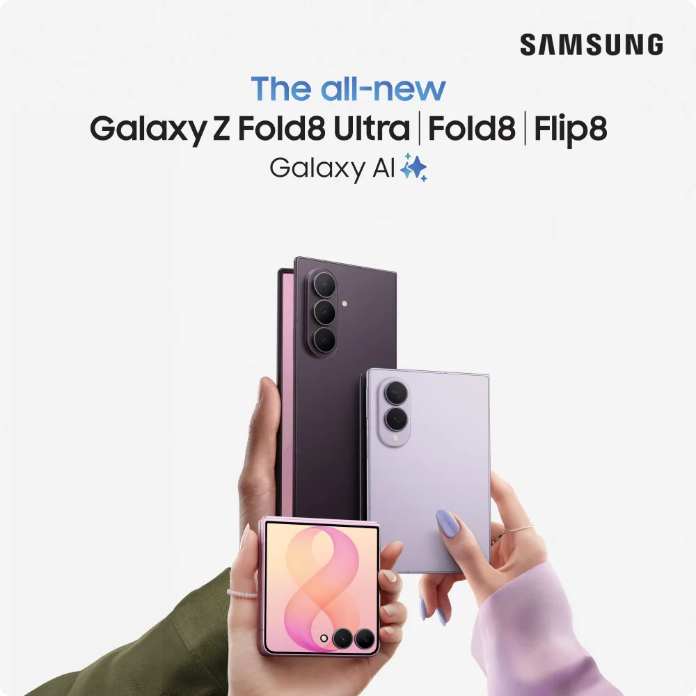 Three hands holding up the three all-new folding devices from Samsung:Galaxy Z Flip8, Galaxy Z Fold8 and Z Fold8 Ultra.