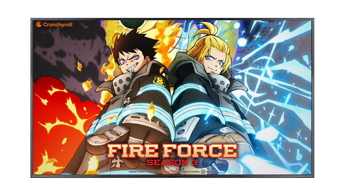 A TV displaying the poster for ‘Fire Force - season 3’ with the Crunchyroll logo on the upper left.