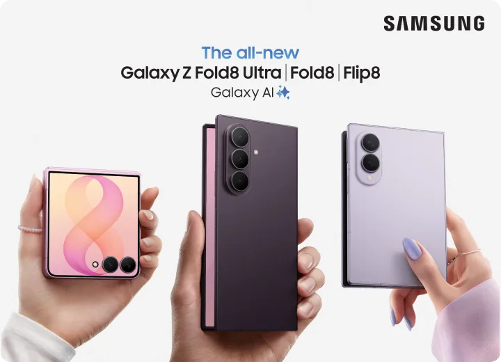 Three hands holding up the three all-new folding devices from Samsung:Galaxy Z Flip8, Galaxy Z Fold8 and Z Fold8 Ultra.