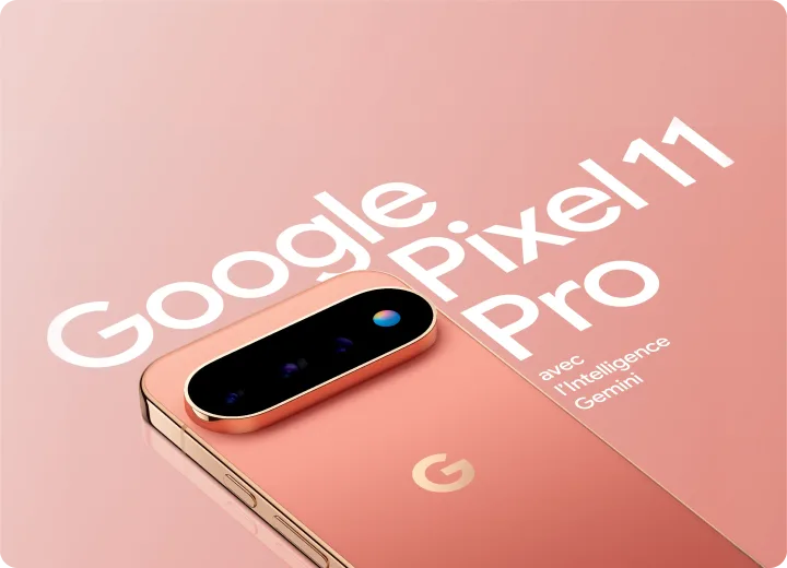 Vue arrière du Google Pixel 11 Pro couleur Canyon avec le texte « Google Pixel 11 Pro avec l’intelligence Gemini ».