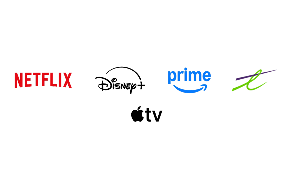Collection of popular streaming service logos including Netflix, Disney+, Prime Video, TELUS originals and Apple TV.