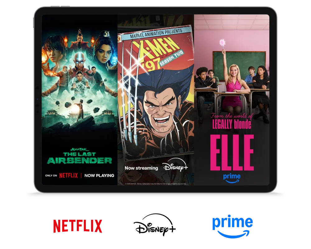 A tablet displays shows from Netflix, Disney+, and Prime Video: Avatar, X-Men '97, and Elle from Legally Blonde.