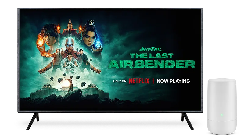A TV next to an internet router. The screen displays the poster for Avatar: The Last Airbender only on Netflix.