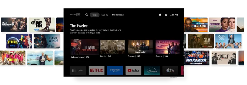 TELUS TV+ interface showing TV shows, movies, and streaming app icons including Netflix, Disney+, Prime Video, and Apple TV.