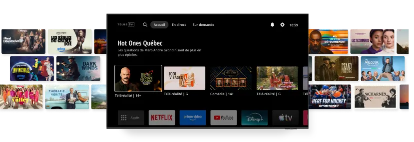 Interface de TELUS TV+ affichant des émissions de télévision, des films et des icônes d’applications de diffusion en continu, y compris Netflix, Disney+, Prime Video et Apple TV.