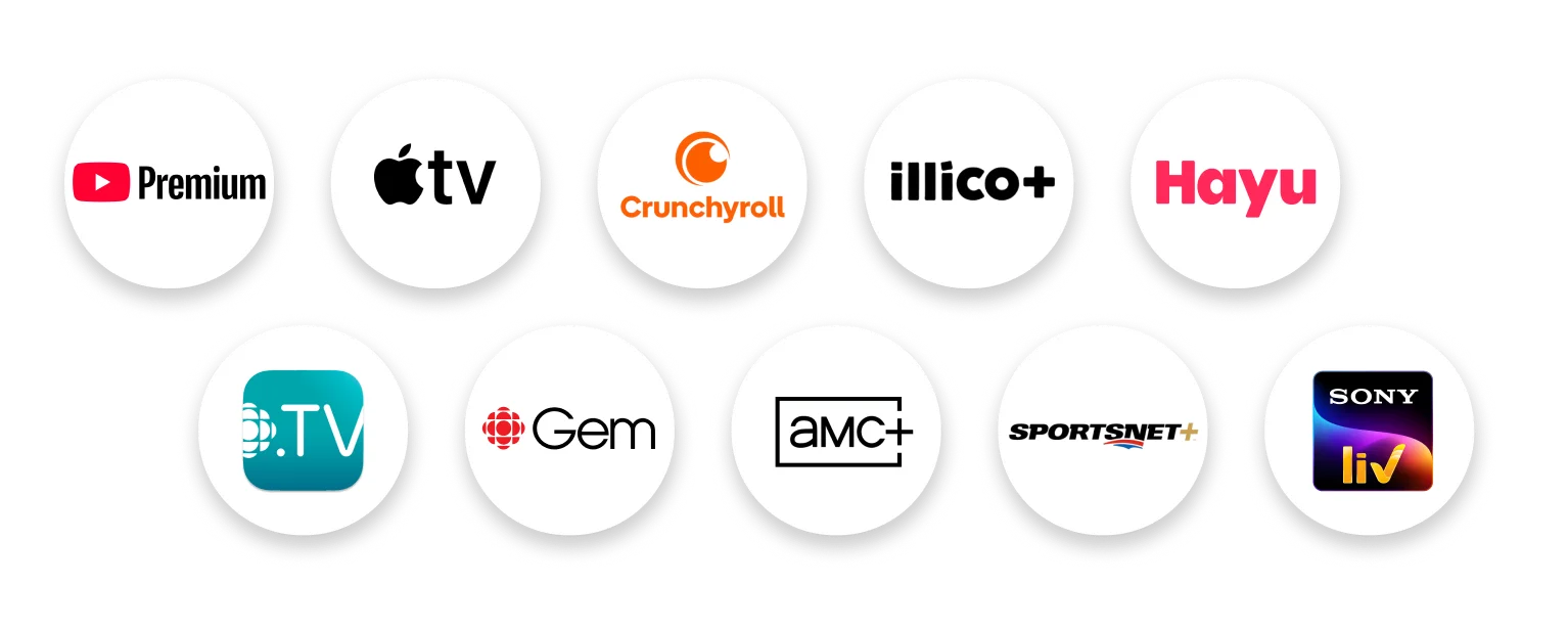 Logos de Youtube Premium, Apple TV, Crunchyroll, illico+, Hayu, ICI TOU TV, CBC Gem Premium, AMC+, Sportsnet+ et Sony LIV.
