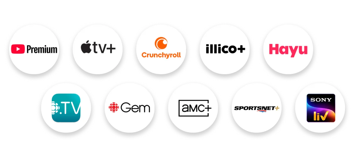 Logos de Youtube Premium, Apple TV, Crunchyroll, illico+, Hayu, ICI TOU TV, CBC Gem Premium, AMC+, Sportsnet+ et Sony LIV.